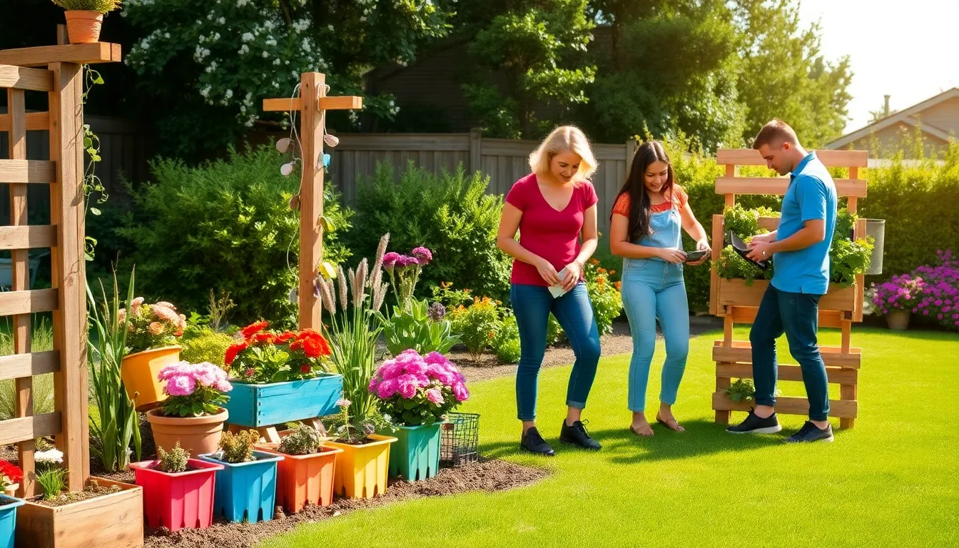 diverse people working on DIY garden projects in a sunny backyard.