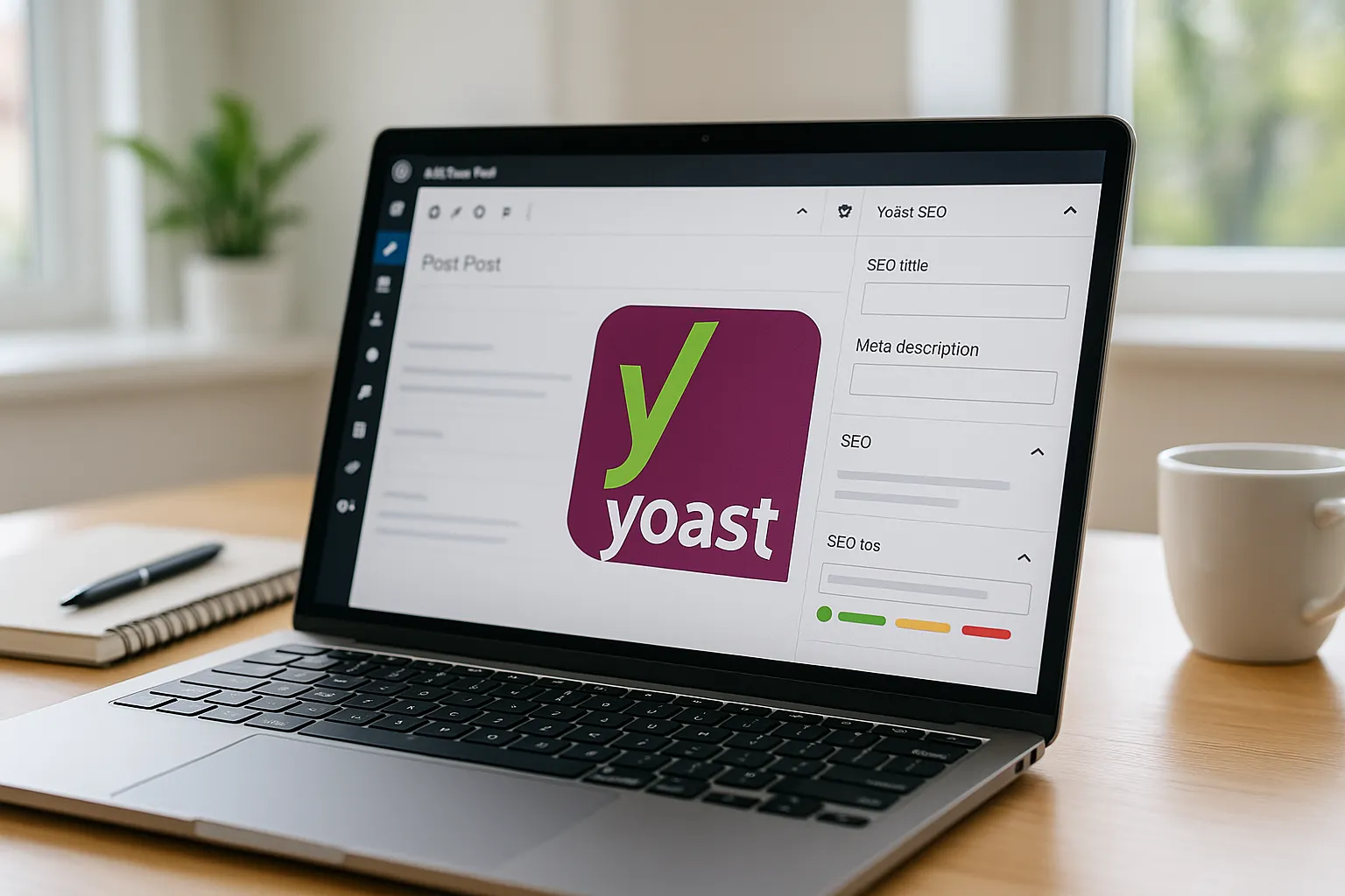 Laptop showing WordPress editor with the Yoast SEO logo in focus on screen.