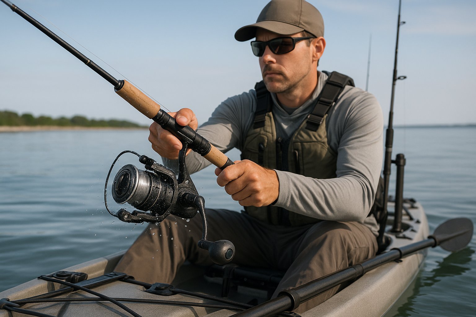 Angler in a kayak using a compact fishing reel on the water.