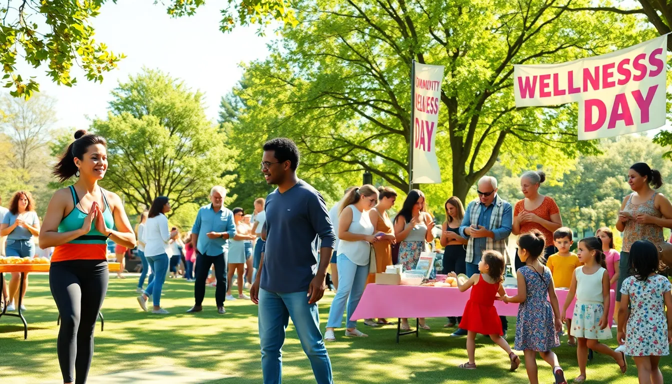 A community wellness fair with diverse people interacting and engaging in healthy activities.