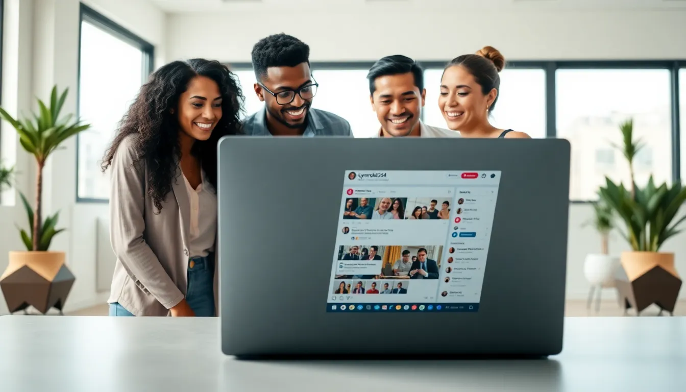 diverse professionals discussing social media in a modern office.