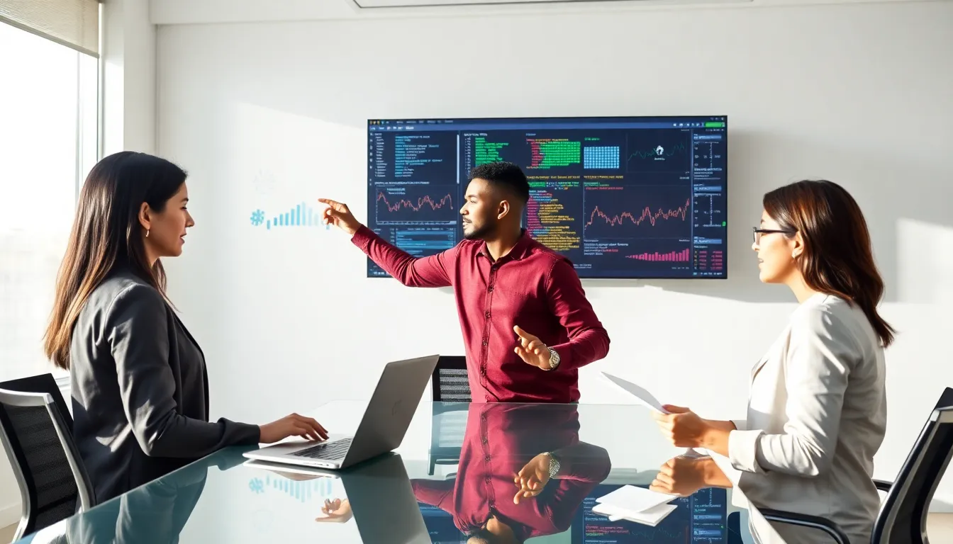 diverse team analyzing data in a modern office setting.