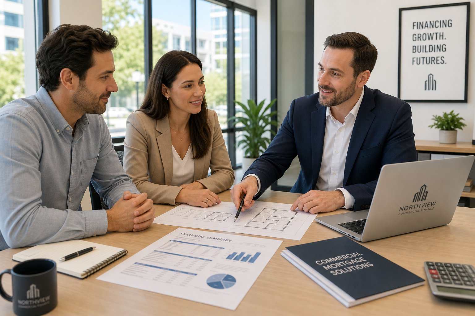 Commercial mortgage advisor meeting with two business owners in a bright office, reviewing property plans and financial documents at a table.