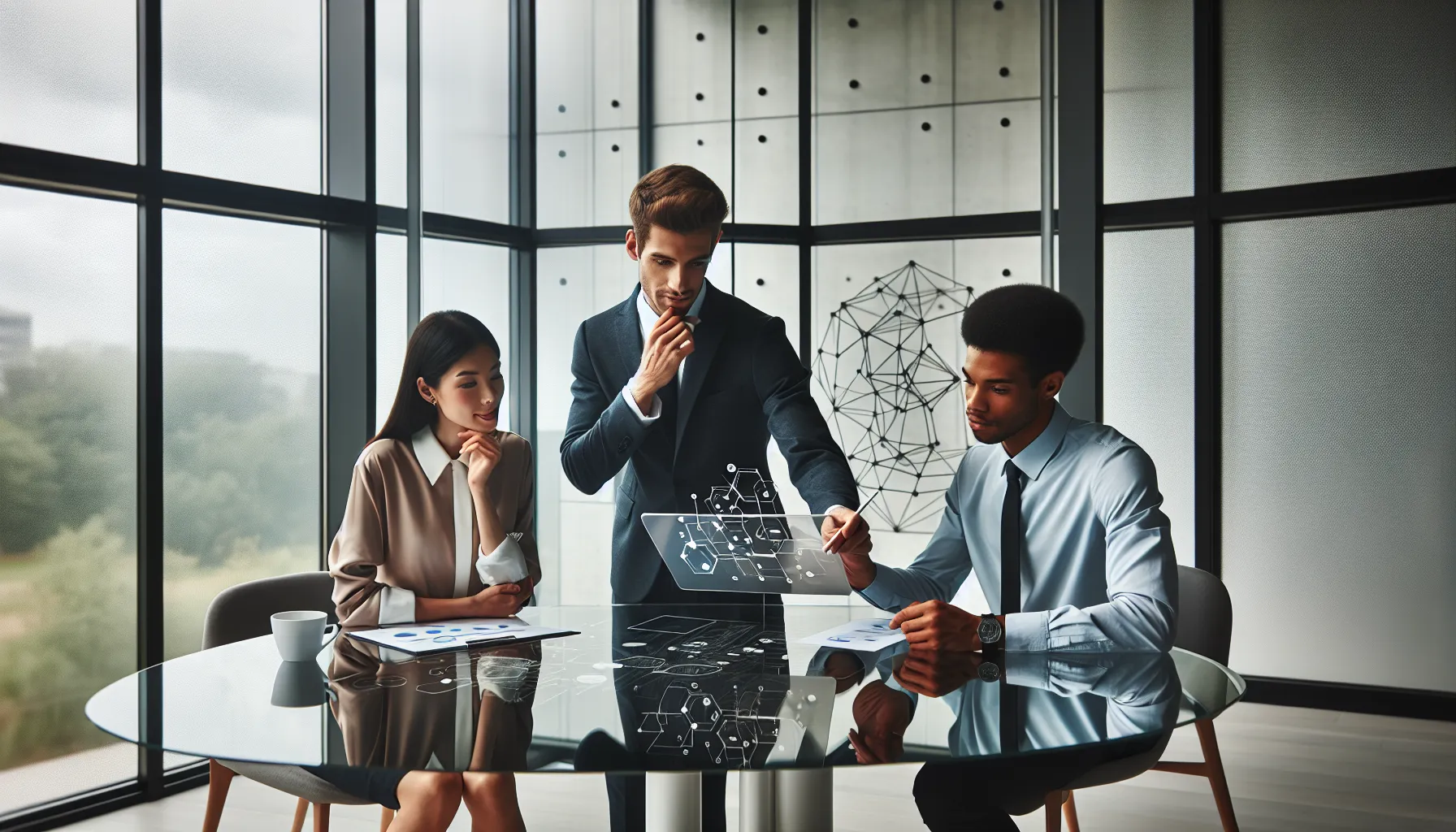 equipe diversificada discutindo uma estrutura complexa em um escritório moderno.