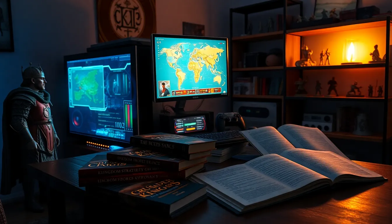A gaming setup featuring Crusader Kings II guides and a medieval-themed monitor.