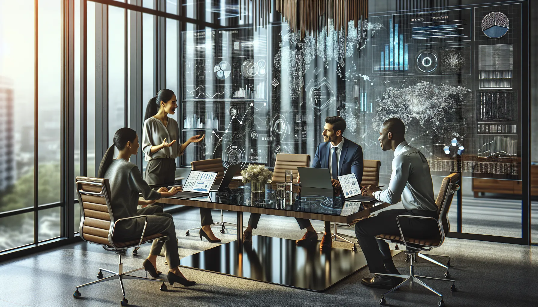 diverse team discussing technology in a modern office.