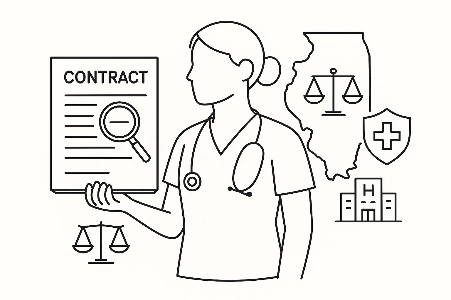 Nurse practitioner reviewing a contract with magnifying glass and legal icons of Illinois Nurse Practitioner Contract Review.