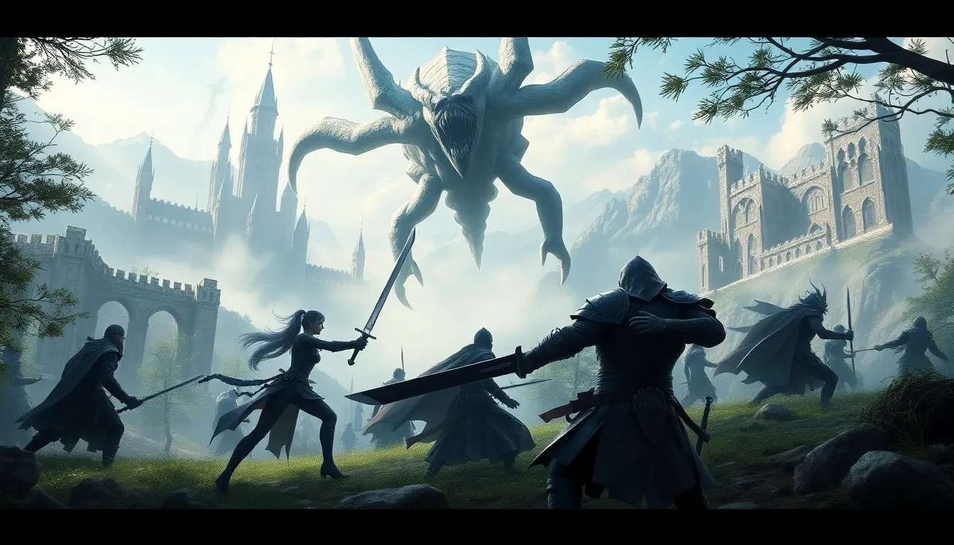diverse players engaged in combat within a fantastical Elden Ring setting.