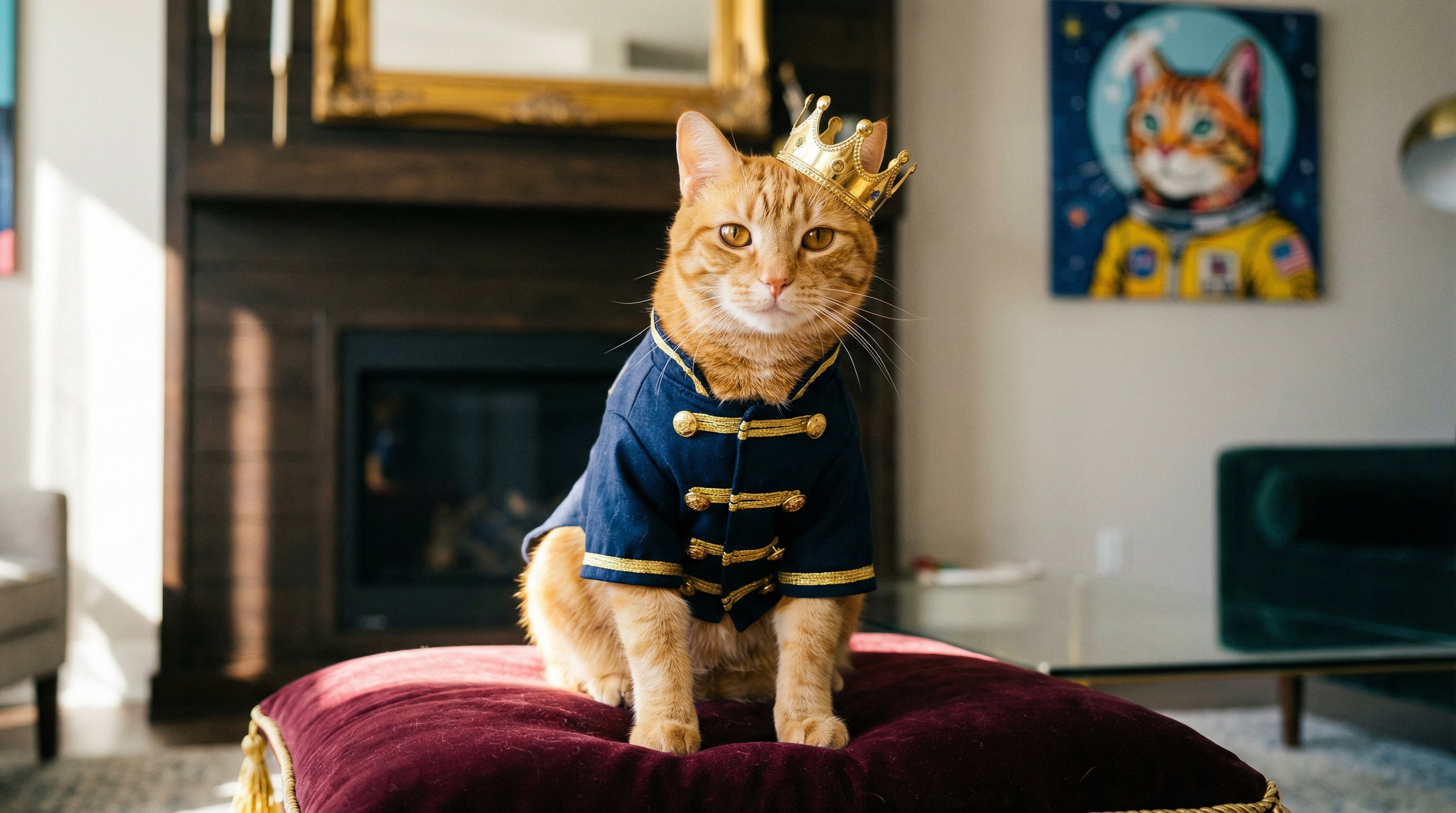 Orange tabby cat wearing a regal military jacket and golden crown on velvet cushion.