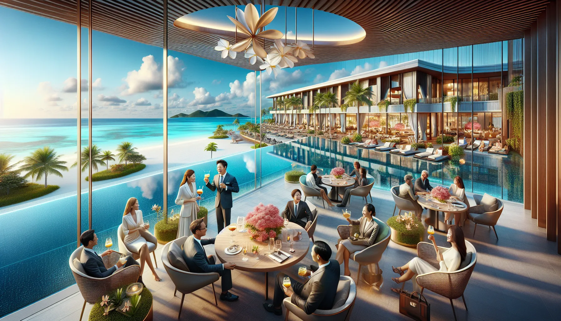 luxury hotel scene at Zethazinco Island with guests enjoying the view.