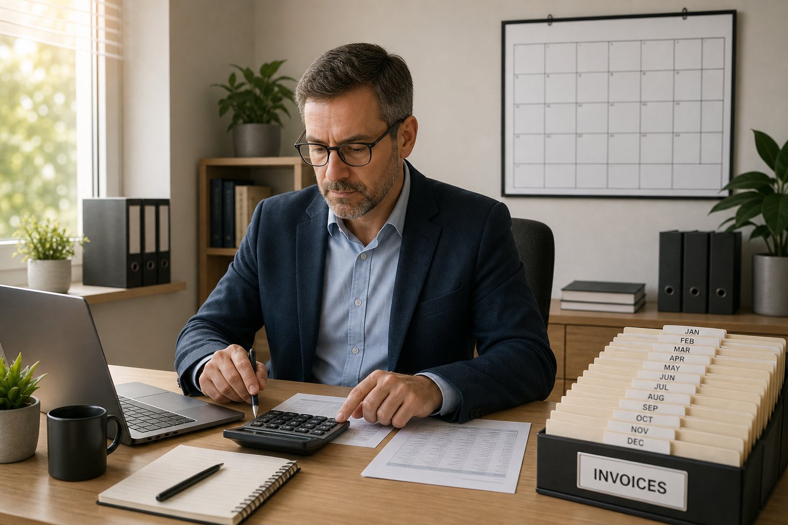 Finance manager in an organised office reviewing invoices and budget figures in a calm, well-lit setting.