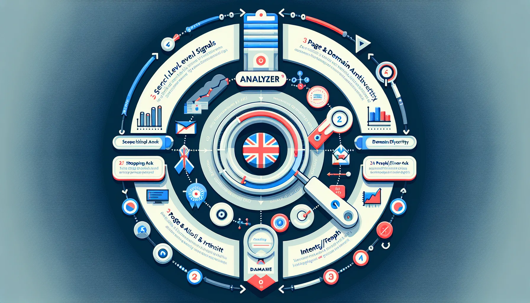 UK infographic showing core signals for a keyword competition analyzer.