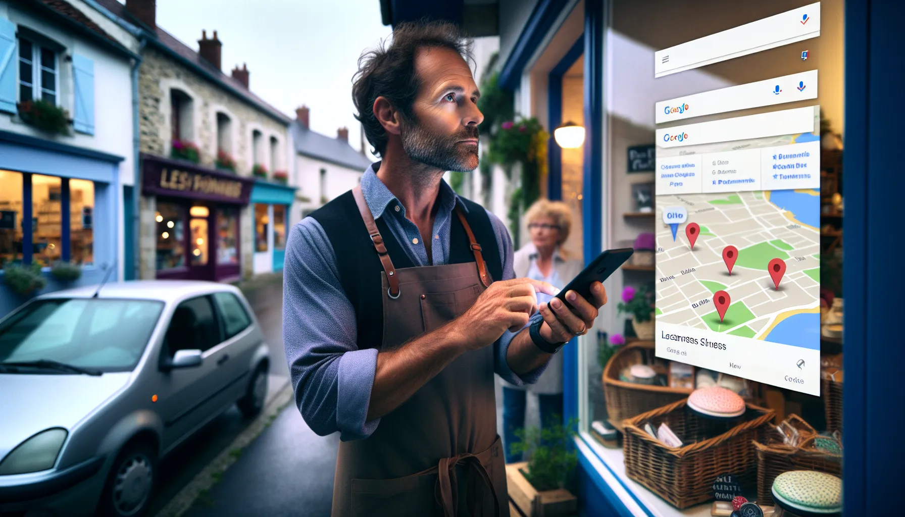 French shop owner in Le Pin checking Google search results on his smartphone.