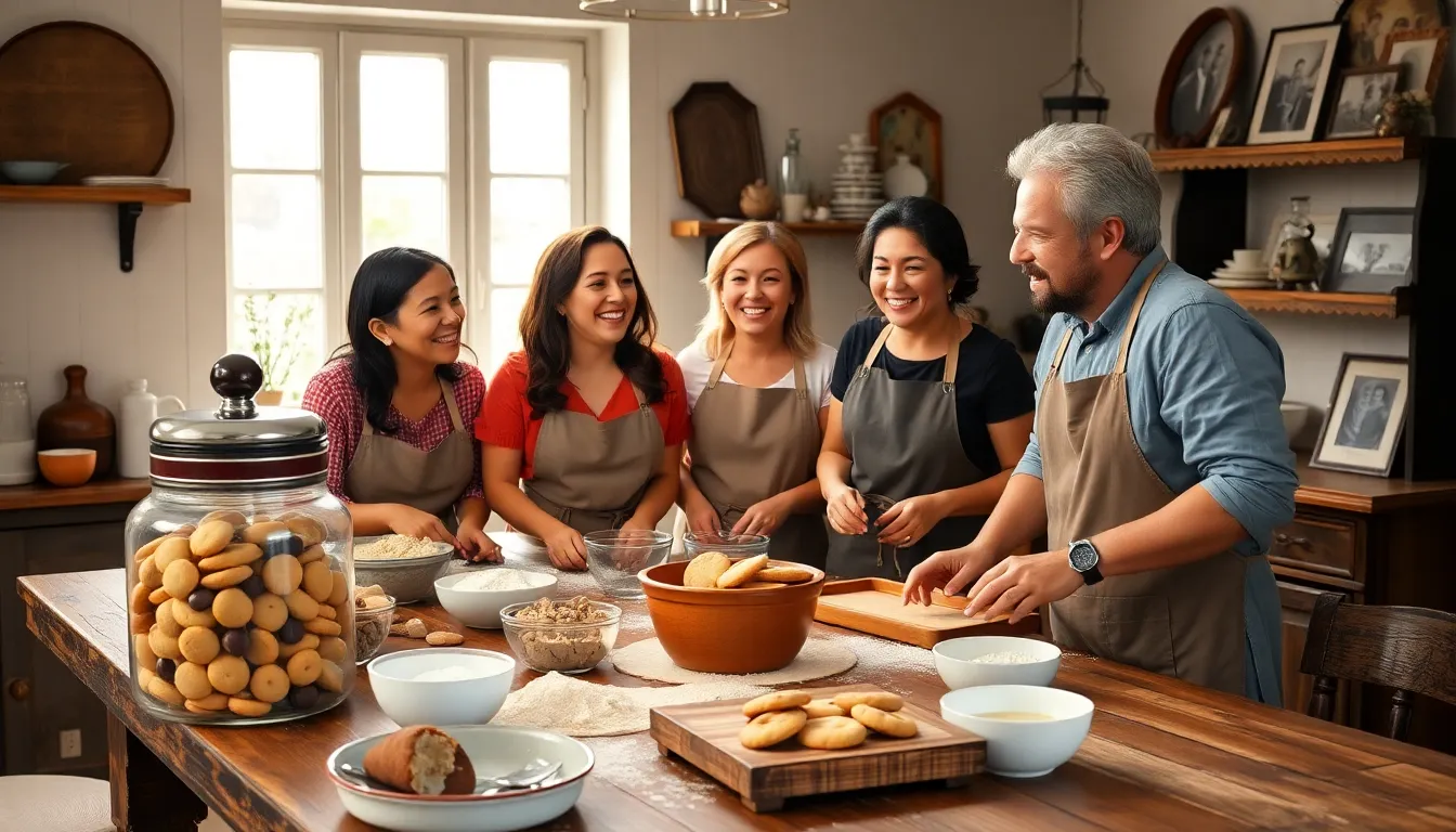 diverse group baking cookies in a cozy kitchen setting.