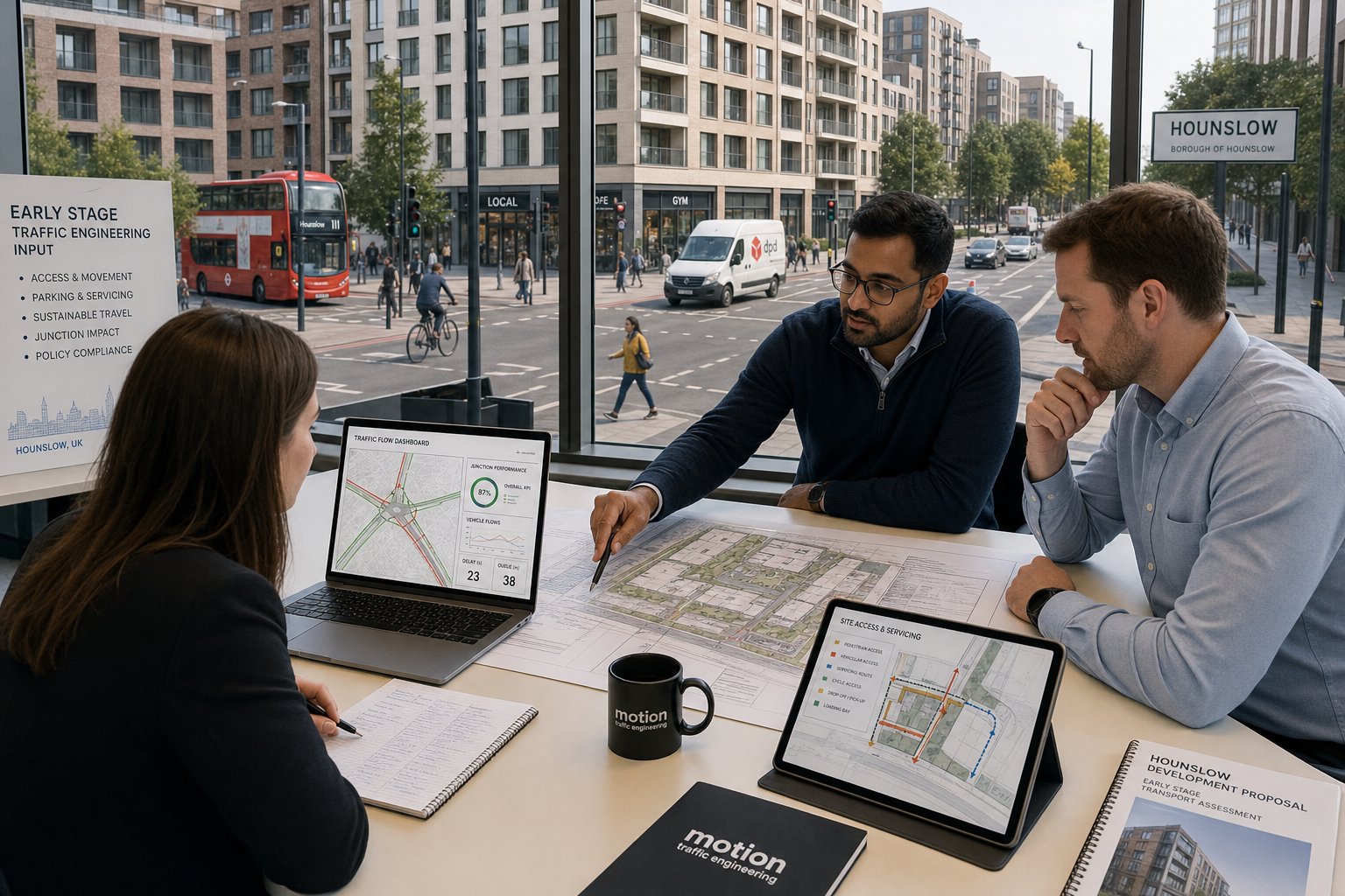 Traffic engineer reviewing a Hounslow development near a busy urban junction.