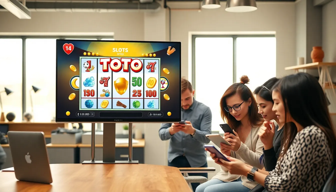 diverse group engaging with online Toto Slots in a modern office.