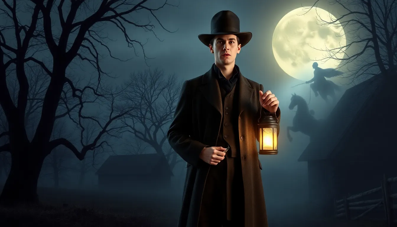 Ichabod Crane in a moonlit Sleepy Hollow with the Headless Horseman in the background.
