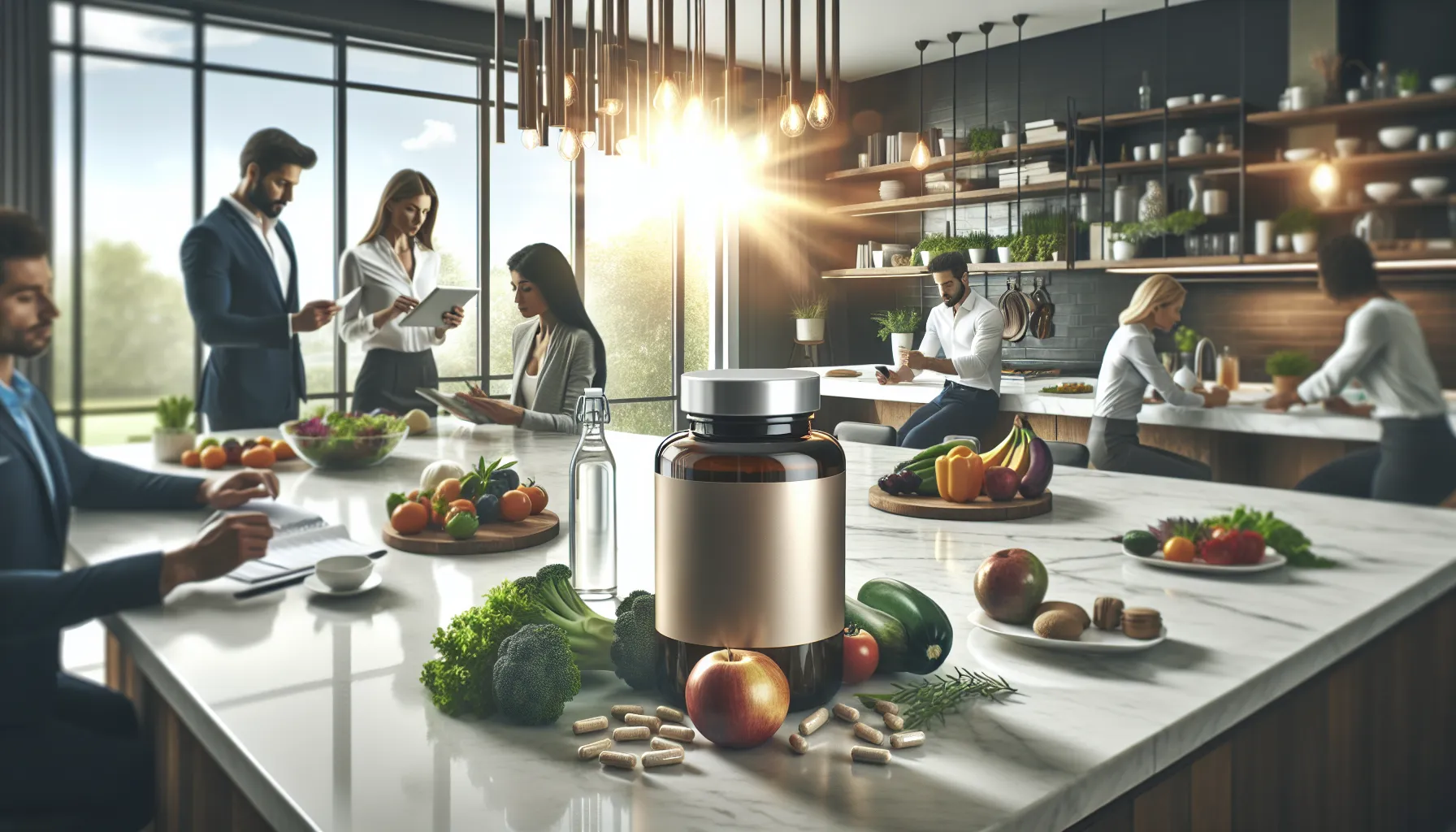 Acutromon bottle with fresh foods and diverse people discussing nutrition.