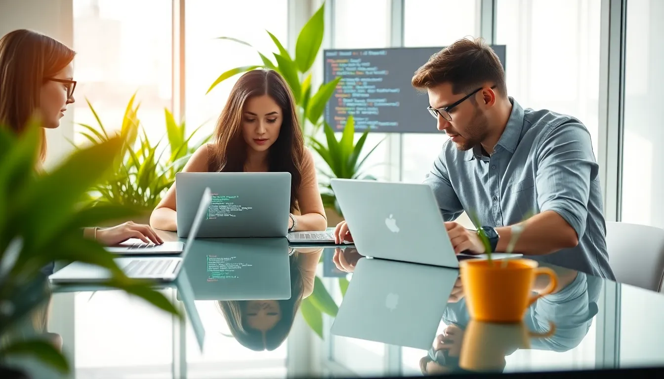 diverse team coding in a modern office setting.
