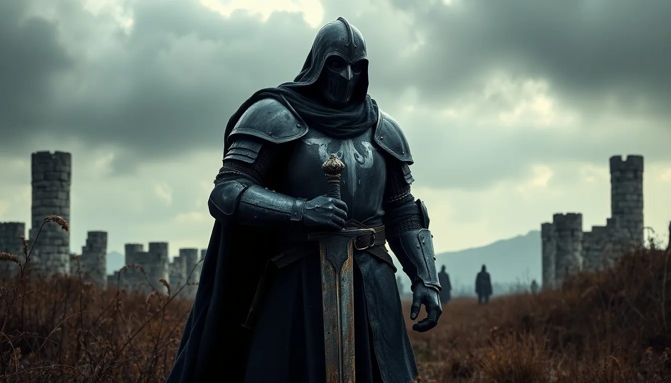 A Banished Knight in tattered armor stands in a desolate landscape.