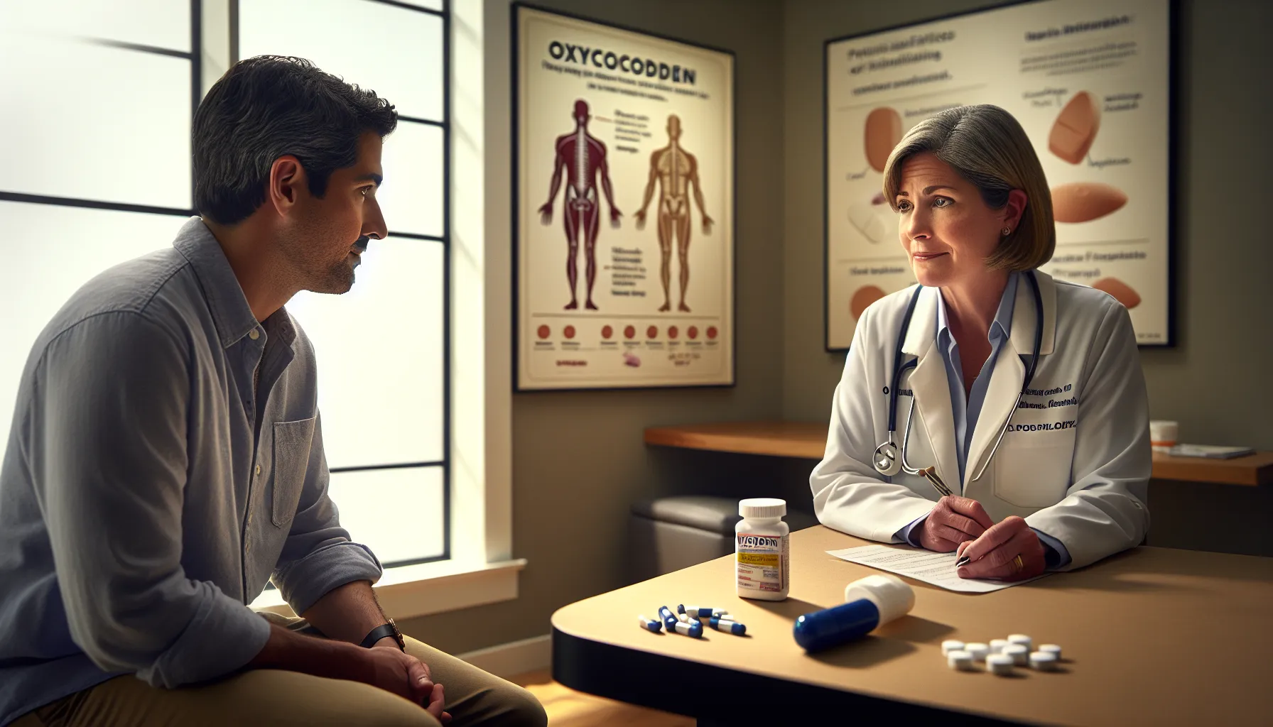 a doctor discussing pain relief options with a patient in a consultation room.