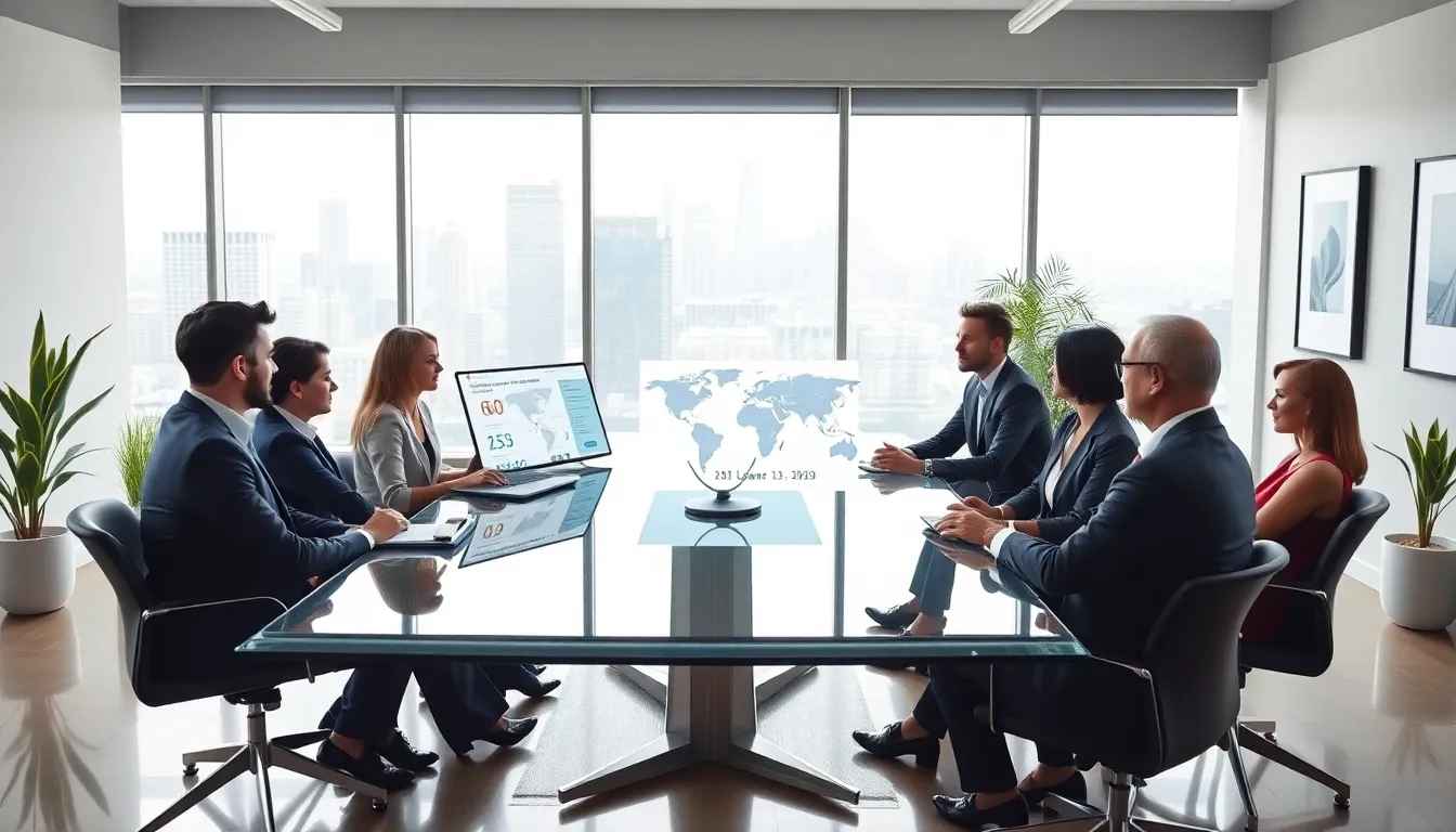 diverse professionals discussing international mortgage lending in a modern office.