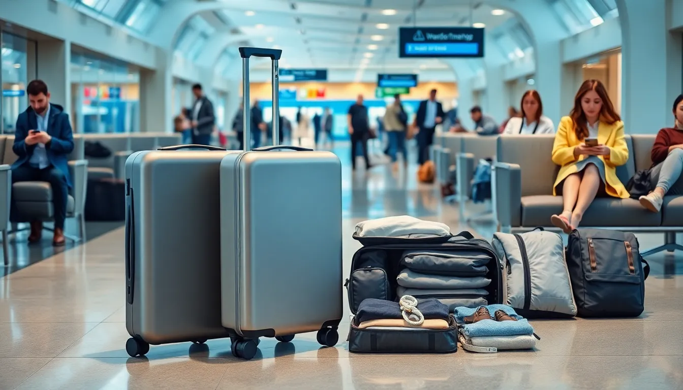 modern travel gadgets in a busy airport setting.