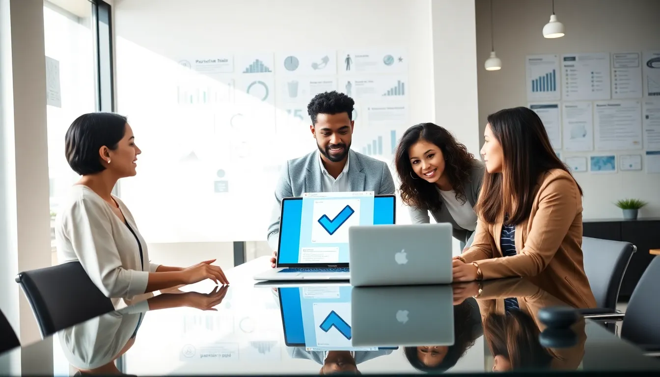 professionals discussing social media blue pages in a modern office.