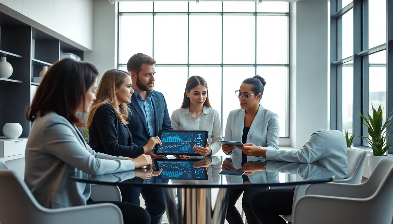diverse professionals discussing data in a modern office.