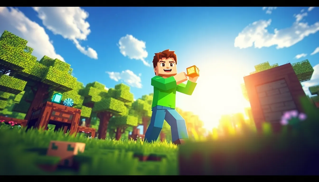 A player building in Minecraft with bright trees and a clear sky.