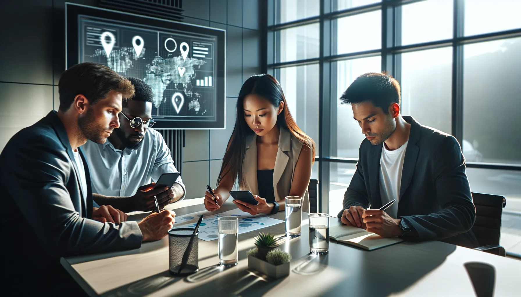 professionals discussing location sharing settings in a modern office.
