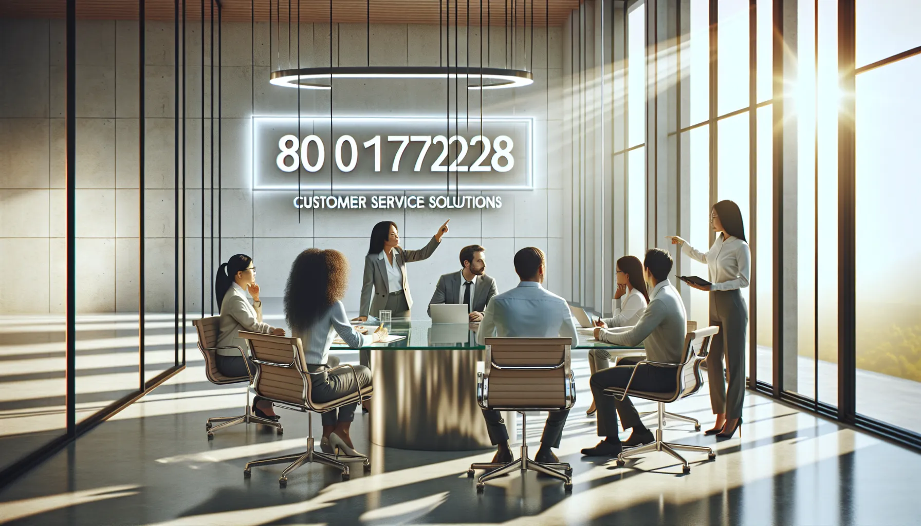 professionals discussing customer service in a modern office setting.