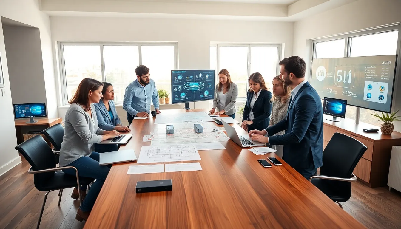 diverse team of home automation experts collaborating in a modern setting.