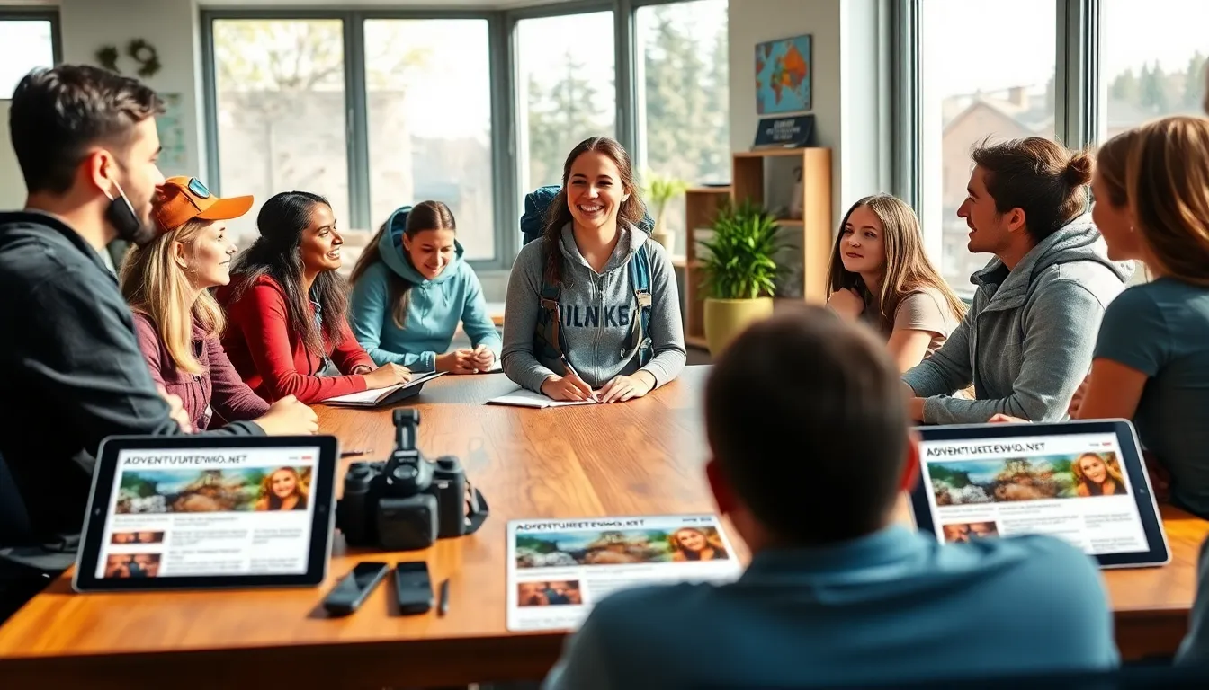 diverse group sharing travel stories in a modern workspace.