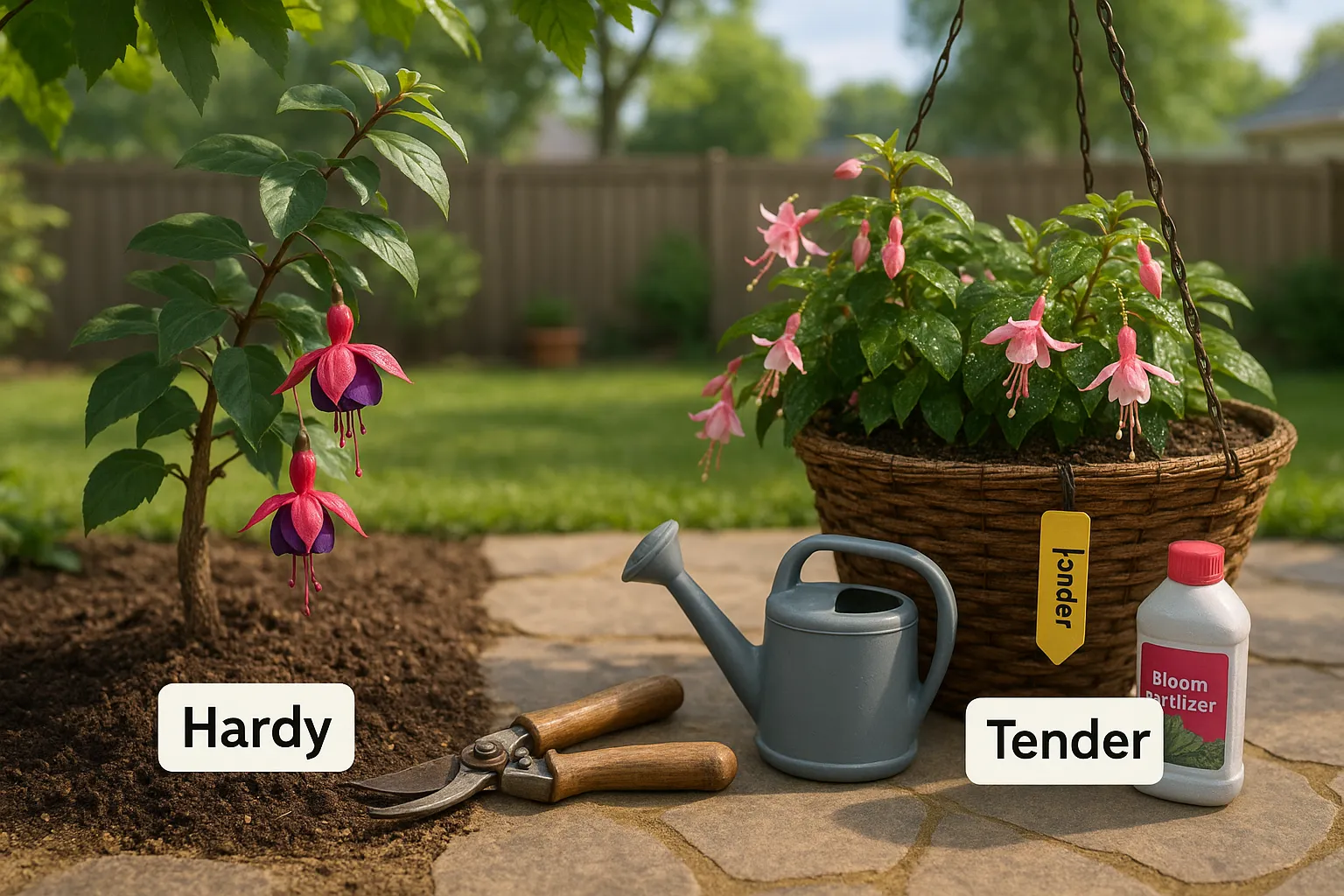 Two fuchsia plants side-by-side showing hardy (ground) and tender (hanging basket)