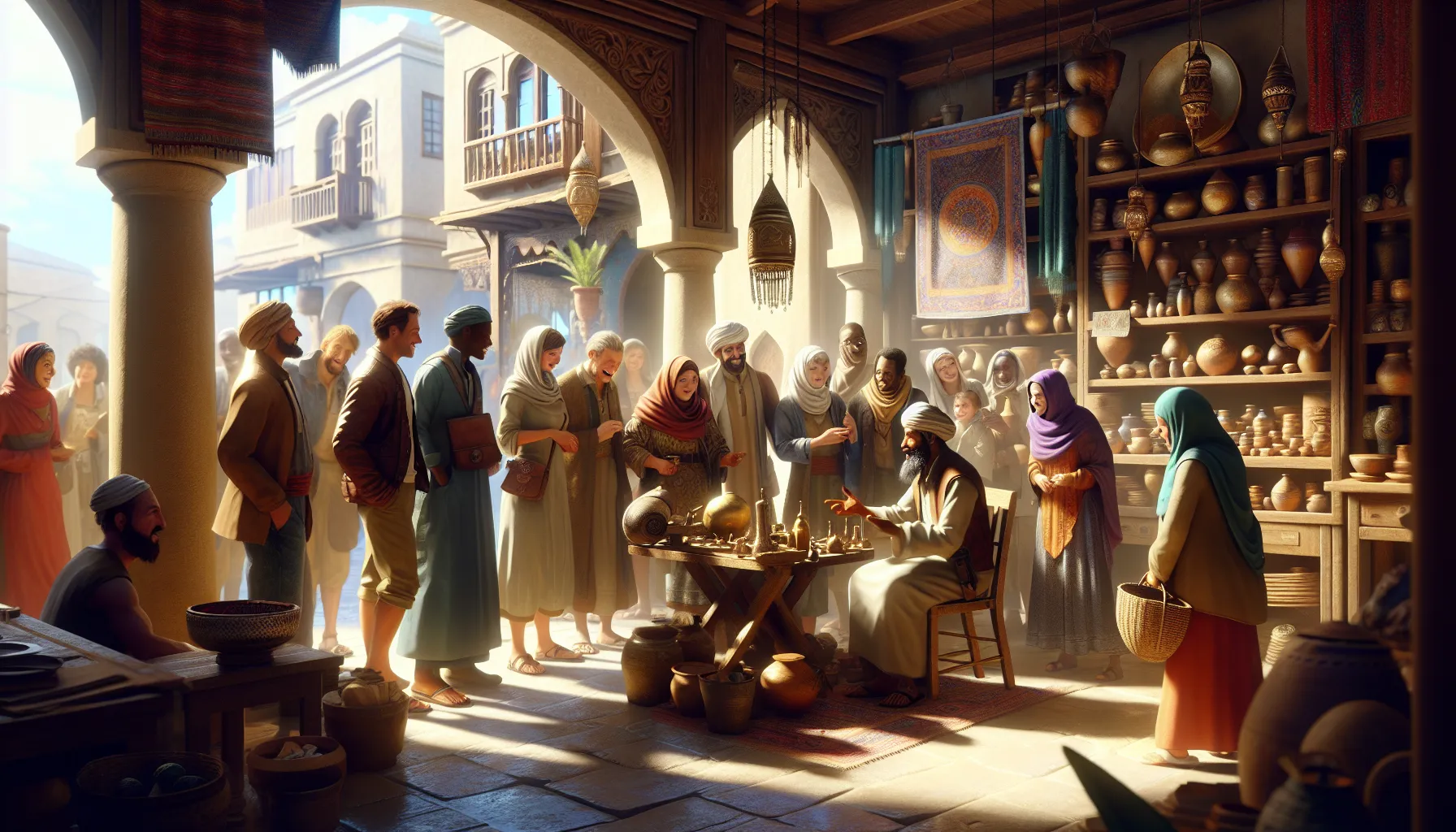 group interacting with local artisans in an inviting shop.