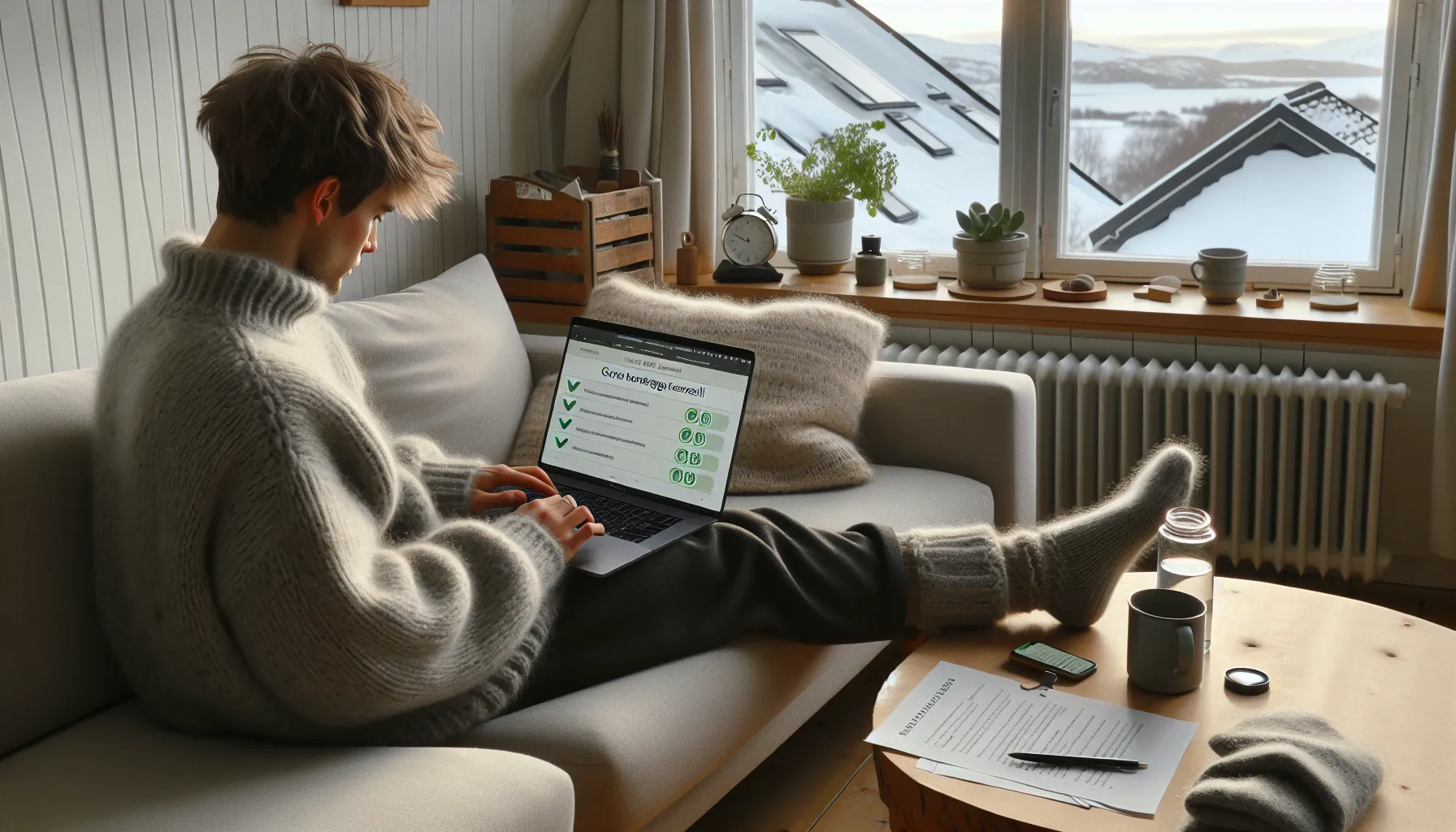 Norwegian adult on sofa doing sustainable micro-tasks on laptop and phone.