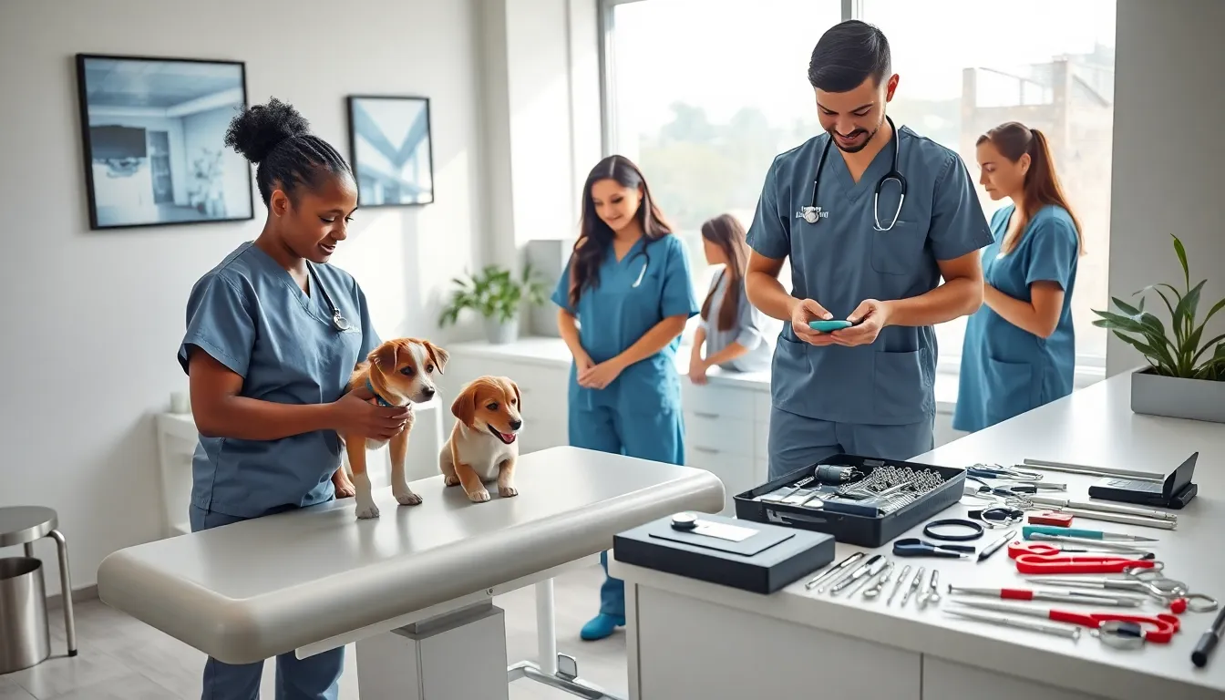diverse vet technicians in a modern clinic with animal care accessories.