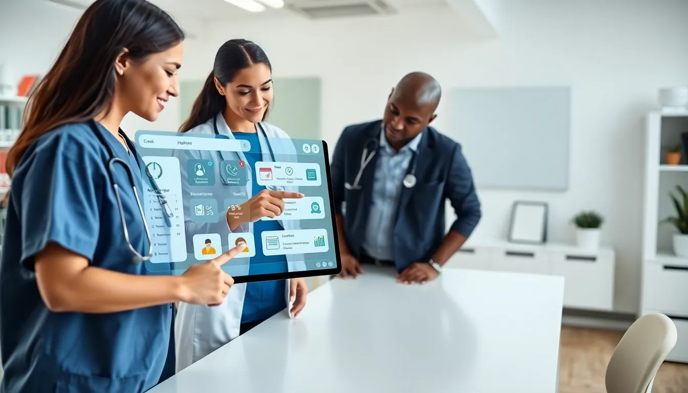 diverse healthcare team collaborating on a digital management tool.