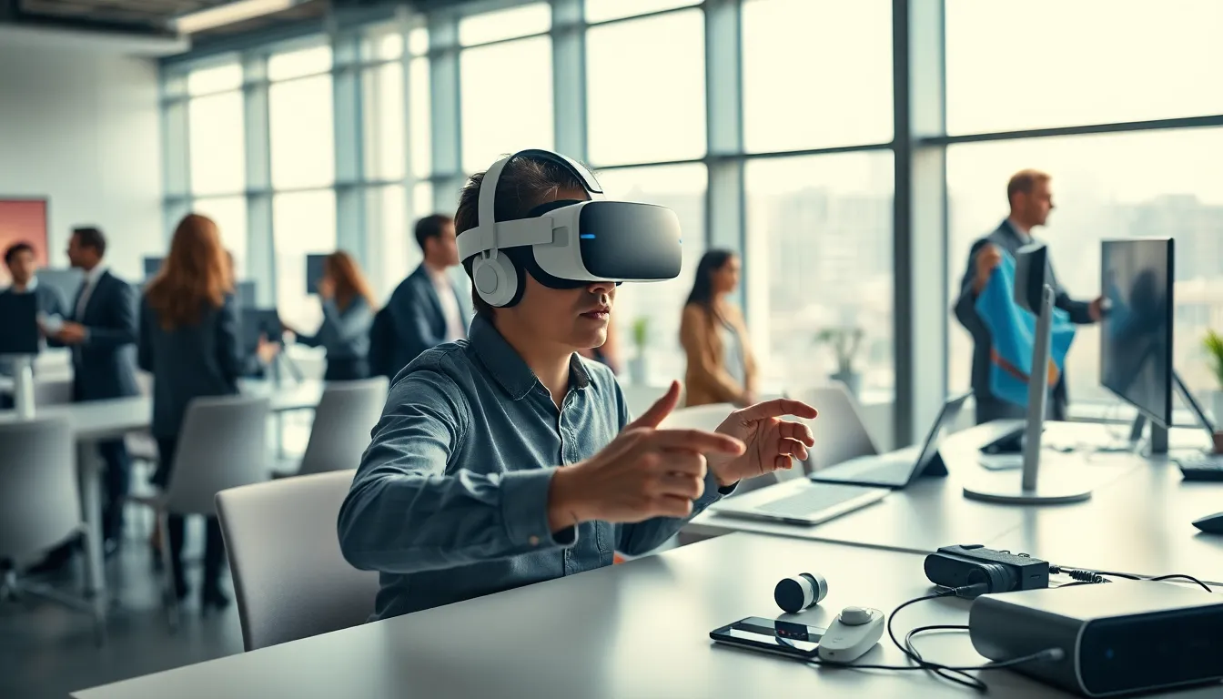 diverse professionals exploring virtual reality technology in a modern office.