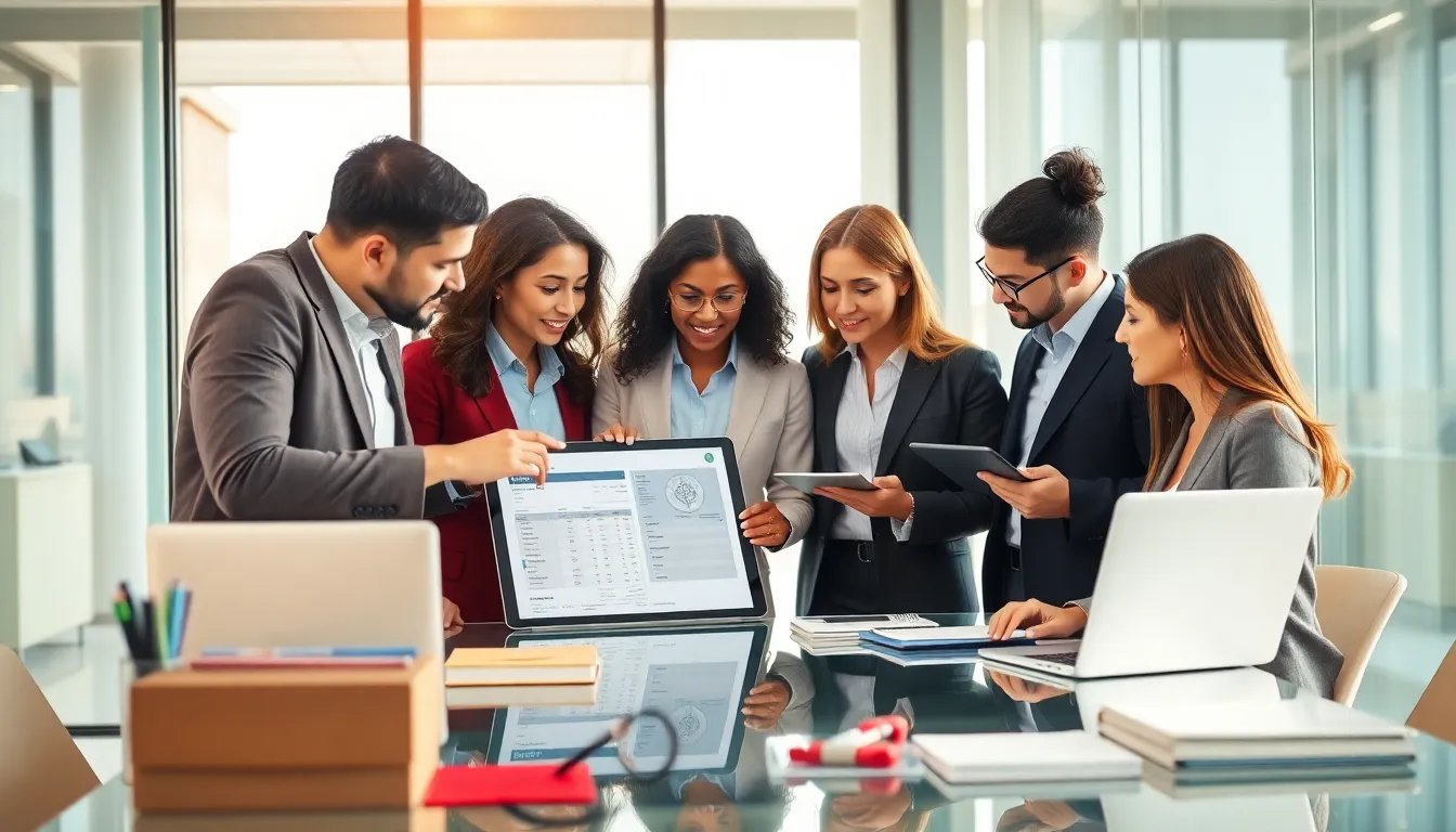 diverse team discussing a maintenance sheet in a modern office.