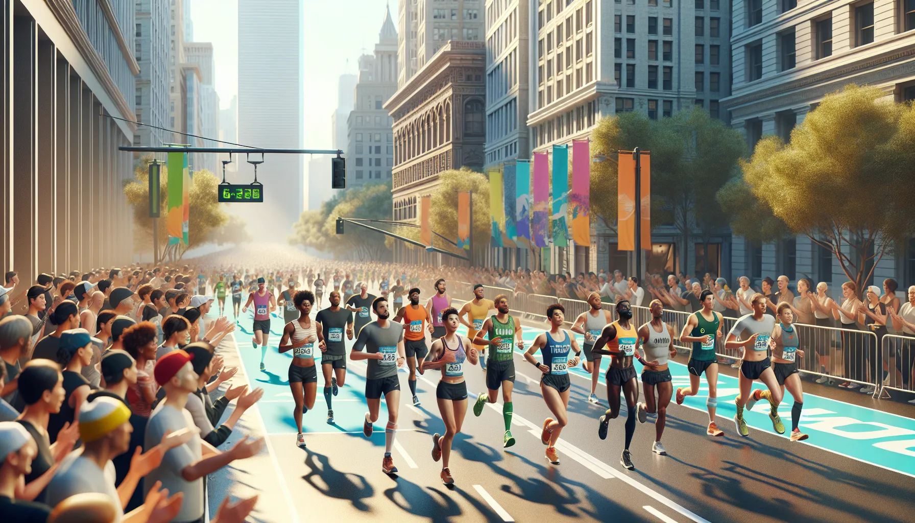Participants running in an urban marathon event with cheering crowds and cityscape background.