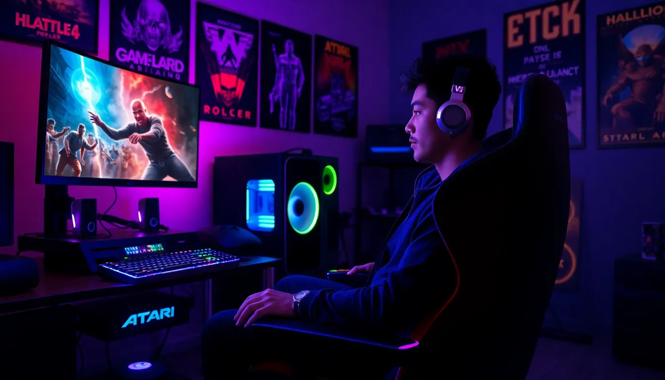 a gamer in a high-tech setup with RGB lighting and modern gadgets.