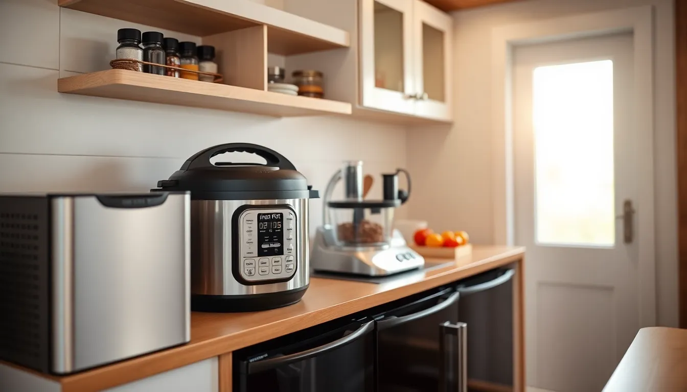 modern tiny kitchen with essential appliances like an Instant Pot and food processor.