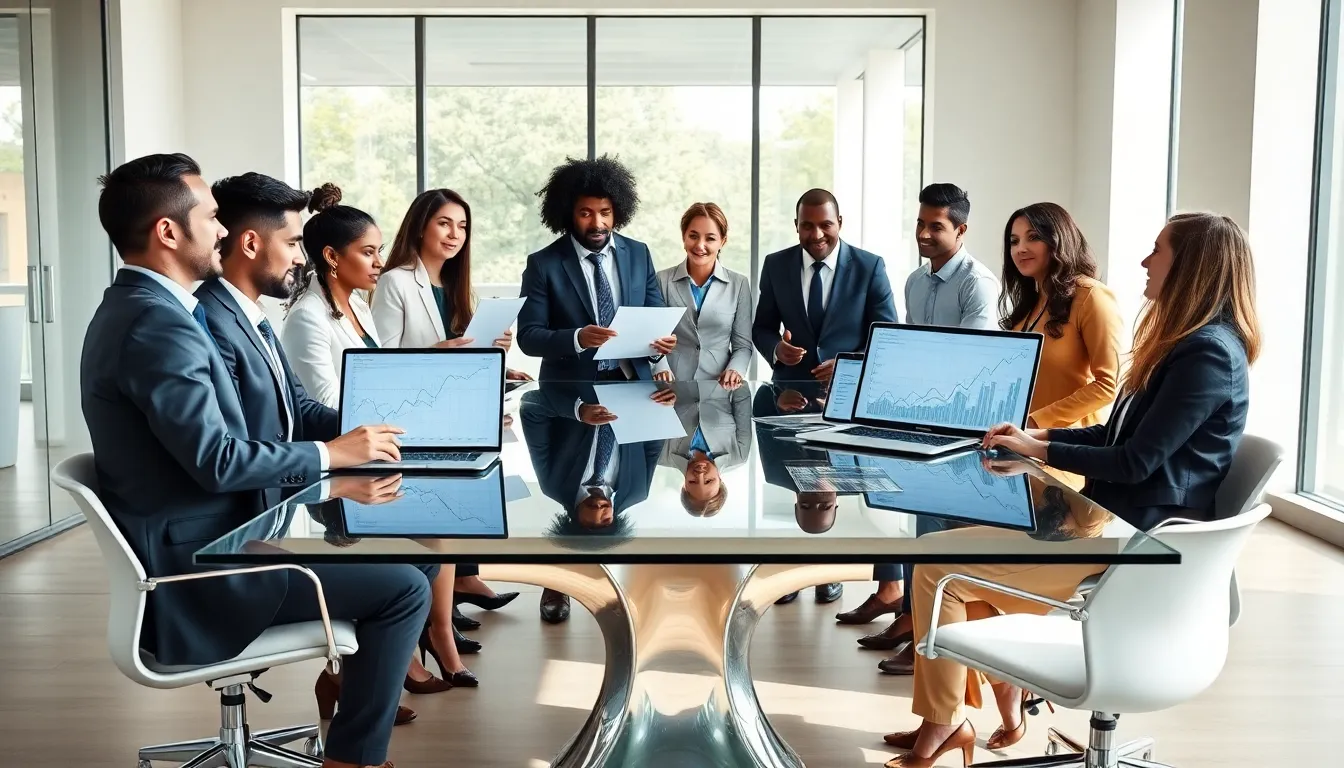 diverse professionals discussing data analysis in a modern office.