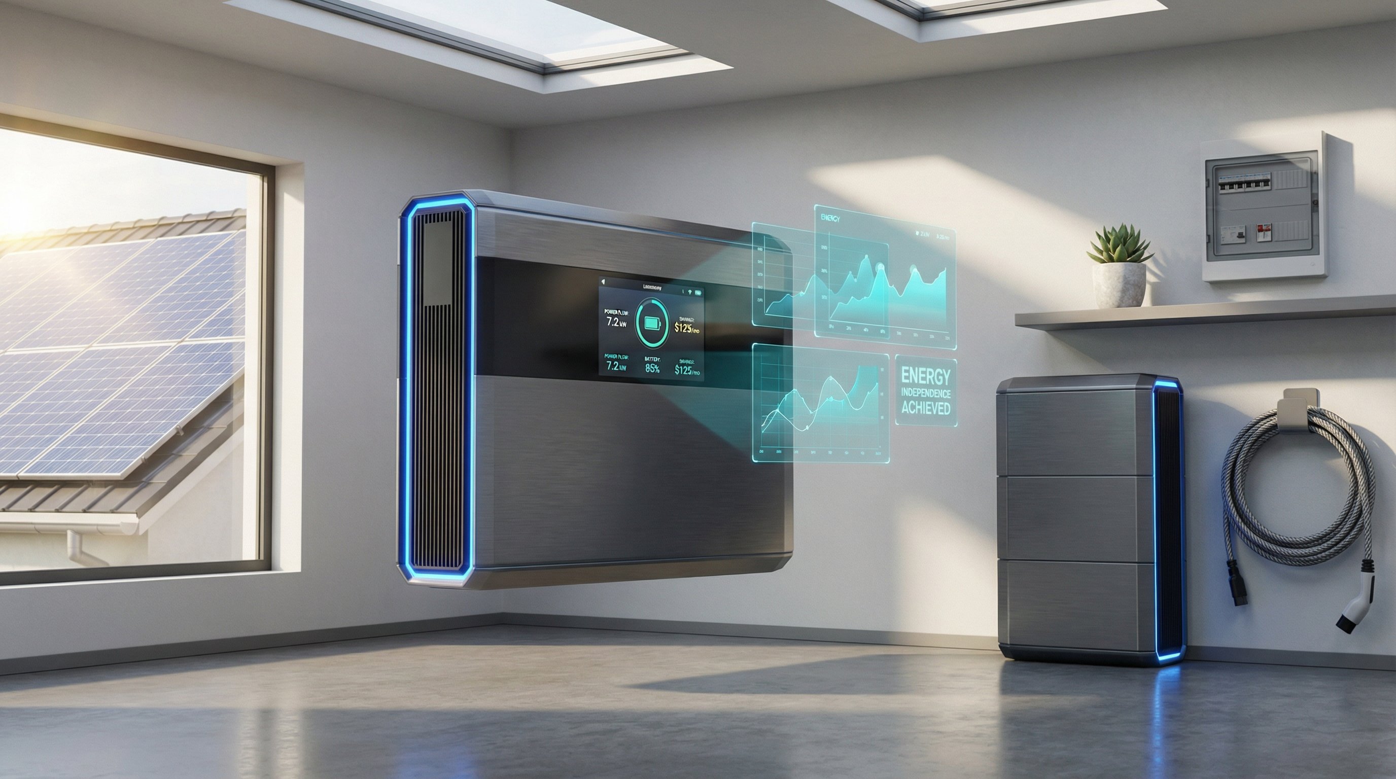 Modern 3D energy storage battery system installed in a contemporary home garage with solar integration.