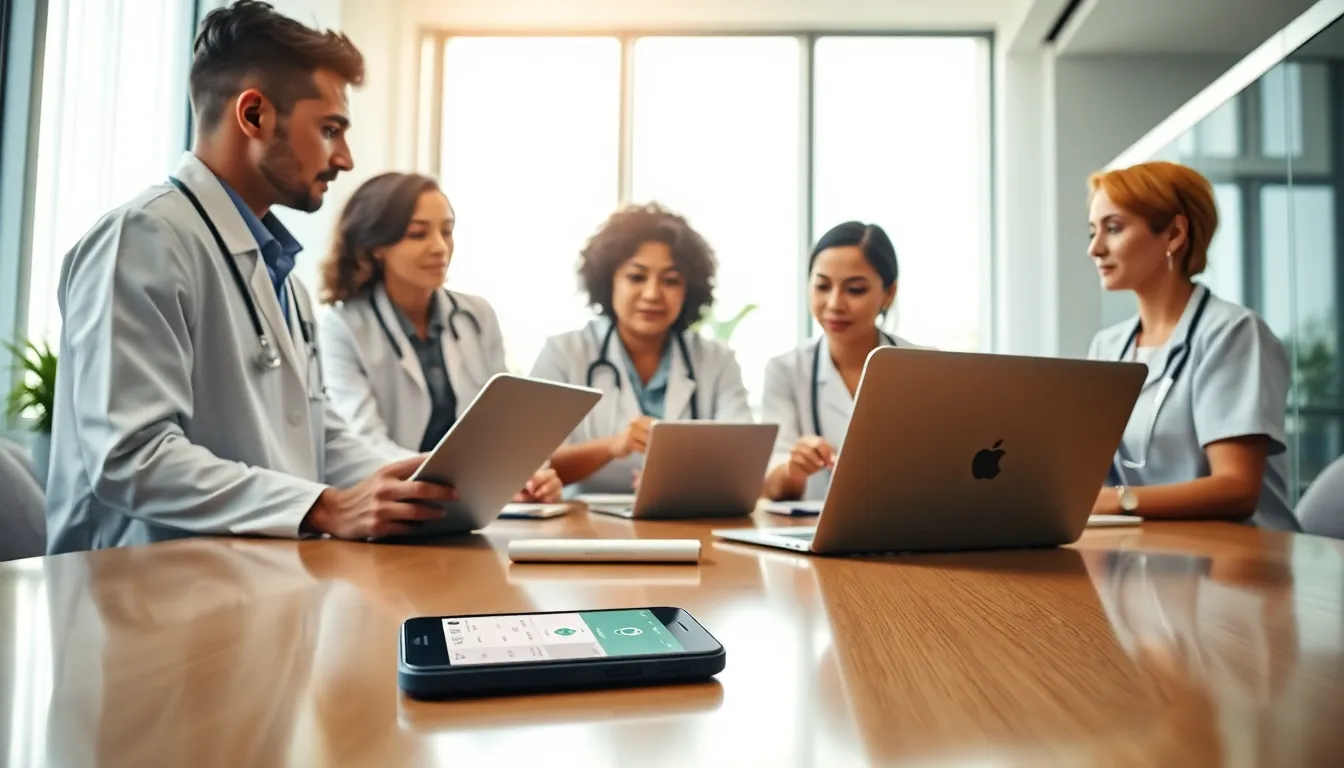 diverse healthcare team discussing mobile apps in a modern office.