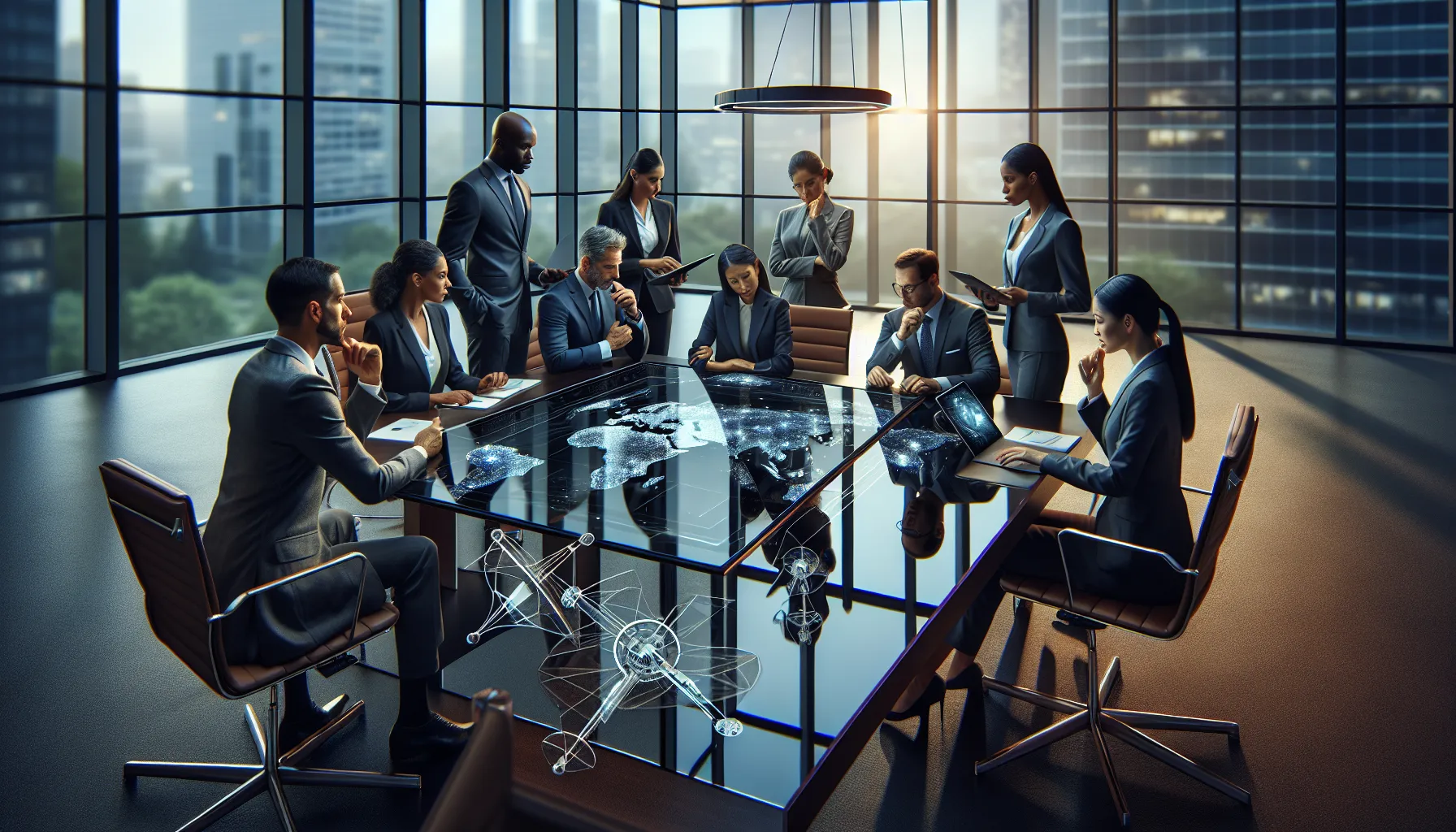 diverse team discussing satellite industry in a modern office.