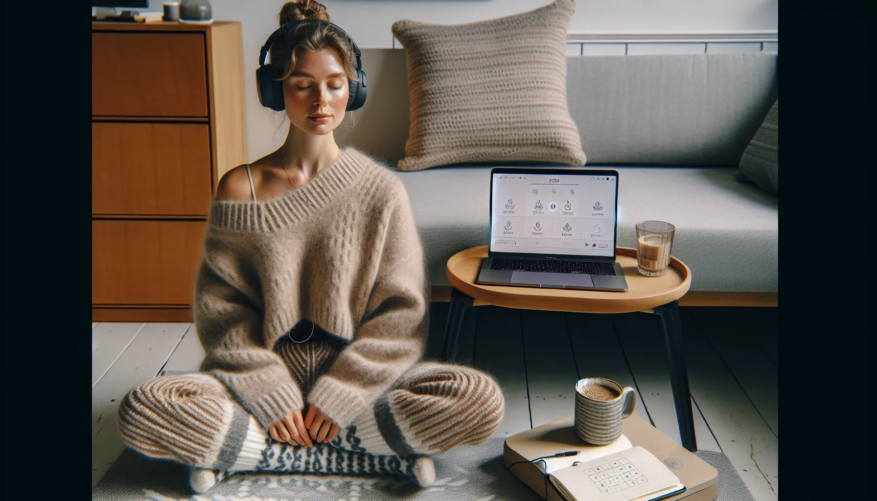 Woman meditating with headphones during an online mindfulness session at home.