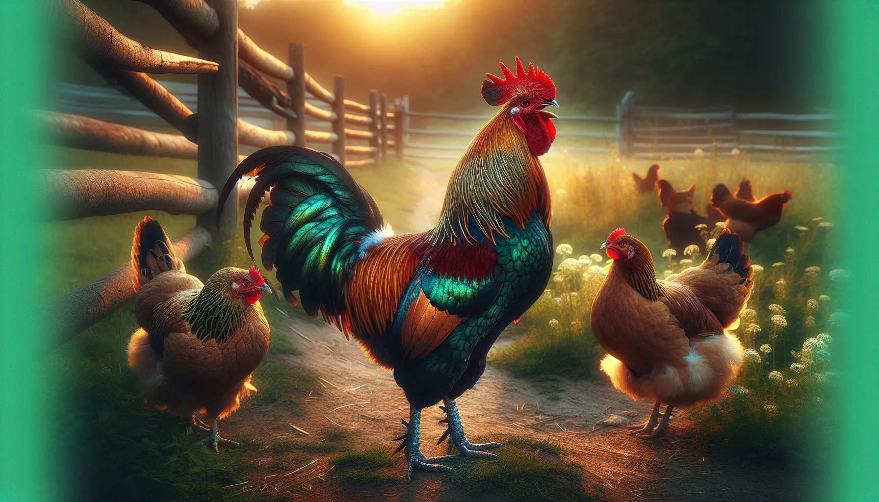 a rooster crowing with hens pecking on a sunny farm path.